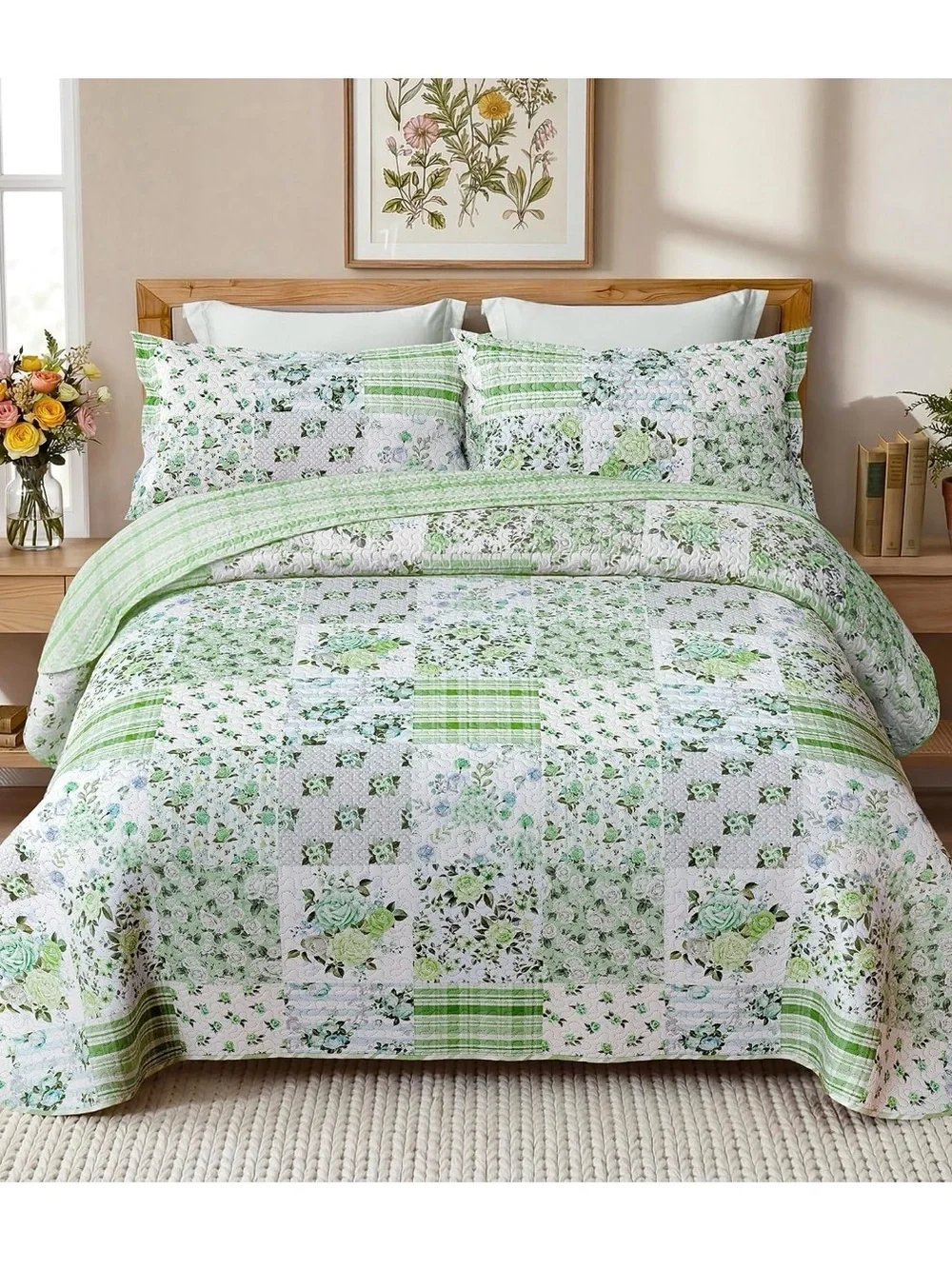 Green Floral Patchwork Quilt Set - Home Bedding King size NWT